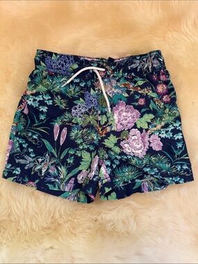 Janie and Jack Navy Floral Swim Trunks with Green & Purple